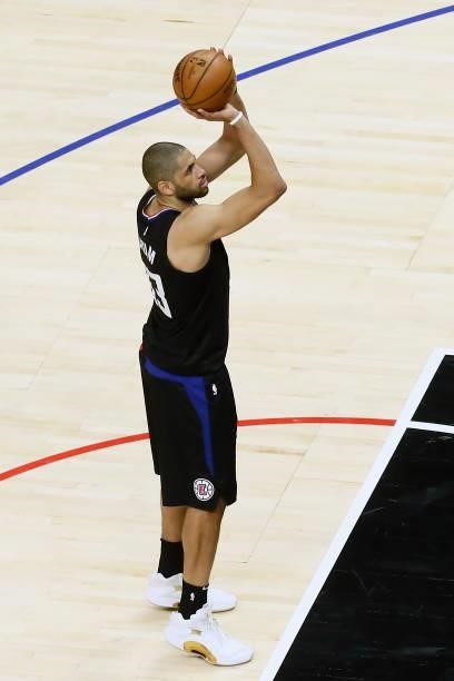 Nicolas Batum of the LA Clippers shoots the ball against the Utah Jazz during Round 2, Game 4 of 2021 NBA Playoffs on June 14, 2021 at STAPLES Center...