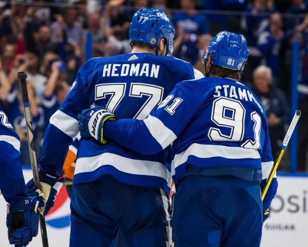 Victor Hedman of the Tampa Bay Lightning celebrates his goal with teammate Steven Stamkos against the New York Islanders during the third period in...