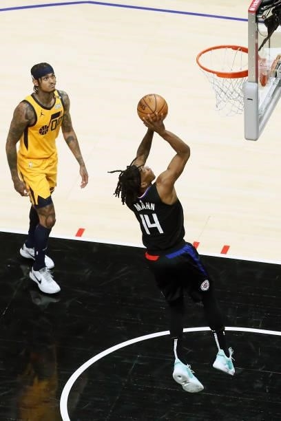 Terance Mann of the LA Clippers shoots the ball against the Utah Jazz during Round 2, Game 4 of 2021 NBA Playoffs on June 14, 2021 at STAPLES Center...