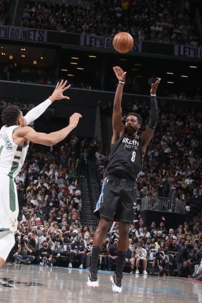 Jeff Green of the Brooklyn Nets shoots a three point basket against the Milwaukee Bucks during Round 2, Game 5 of the 2021 NBA Playoffs on June 15,...