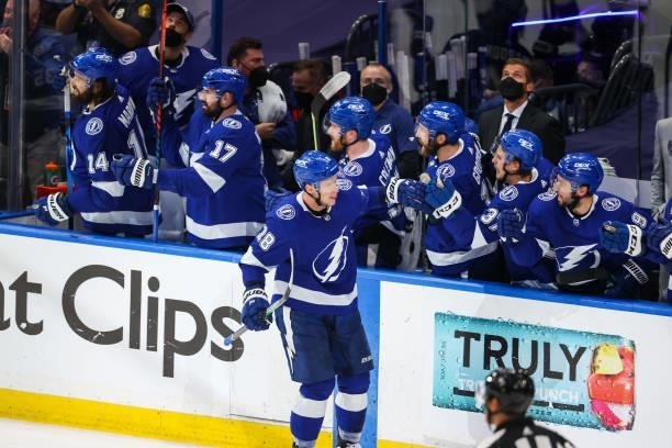 Ondrej Palat of the Tampa Bay Lightning celebrates a goal against the New York Islanders during the second period in Game Two of the Stanley Cup...