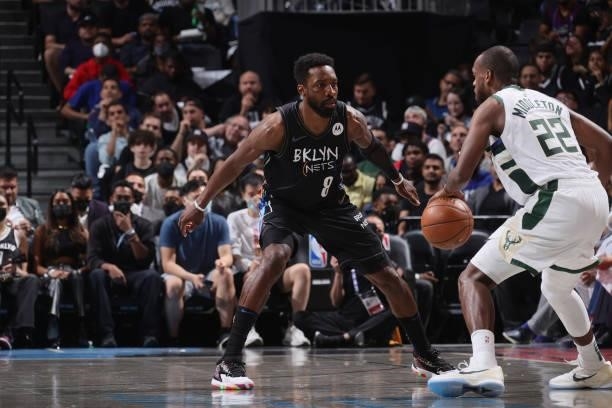 Jeff Green of the Brooklyn Nets plays defense on Khris Middleton of the Milwaukee Bucks during Round 2, Game 5 of the 2021 NBA Playoffs on June 15,...
