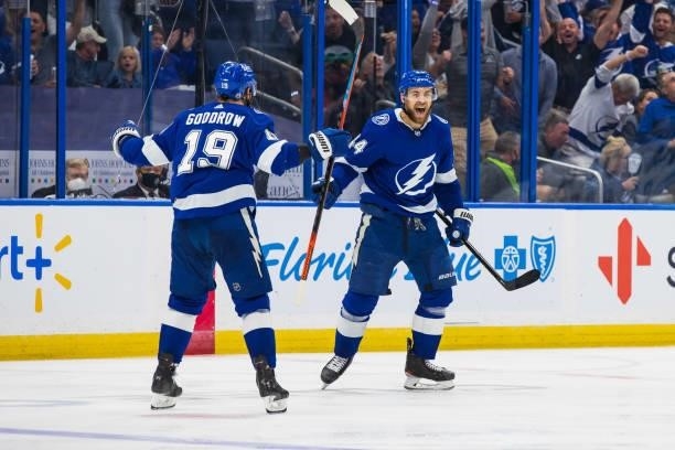 Jan Rutta of the Tampa Bay Lightning celebrates his goal against the New York Islanders during the third period in Game Two of the Stanley Cup...