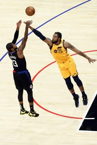 Paul George of the LA Clippers shoots the ball against the Utah Jazz during Round 2, Game 4 of 2021 NBA Playoffs on June 14, 2021 at STAPLES Center...
