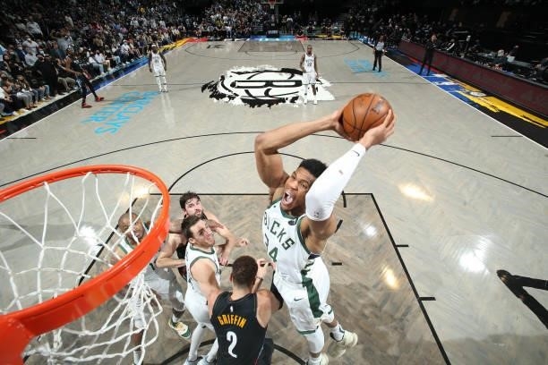 Giannis Antetokounmpo of the Milwaukee Bucks dunks the ball against the Brooklyn Nets during Round 2, Game 5 of the 2021 NBA Playoffs on June 15,...