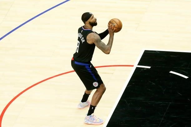 Marcus Morris Sr. #8 of the LA Clippers shoots the ball against the Utah Jazz during Round 2, Game 4 of 2021 NBA Playoffs on June 14, 2021 at STAPLES...