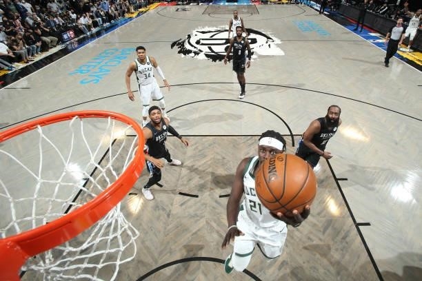 Jrue Holiday of the Milwaukee Bucks drives to the basket against the Brooklyn Nets during Round 2, Game 5 of the 2021 NBA Playoffs on June 15, 2021...