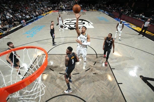 Giannis Antetokounmpo of the Milwaukee Bucks shoots the ball against the Brooklyn Nets during Round 2, Game 5 of the 2021 NBA Playoffs on June 15,...