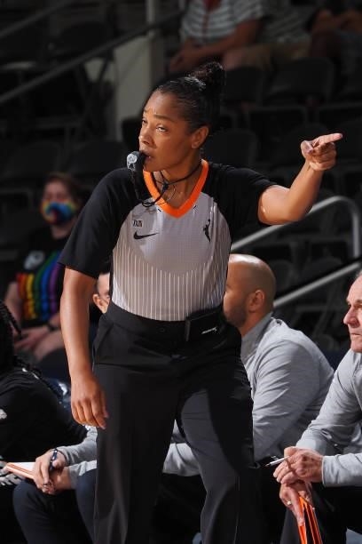 Referee, Fatou Cissoko-Stephens makes a call during the game between the Seattle Storm and the Indiana Fever on June 15, 2021 at Bankers Life...