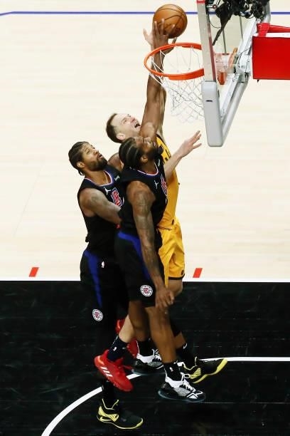 Kawhi Leonard of the LA Clippers blocks the ball against the Utah Jazz during Round 2, Game 4 of 2021 NBA Playoffs on June 14, 2021 at STAPLES Center...
