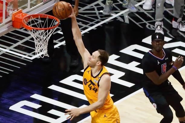 Bojan Bogdanovic of the Utah Jazz dunks the ball against the LA Clippers during Round 2, Game 4 of 2021 NBA Playoffs on June 14, 2021 at STAPLES...