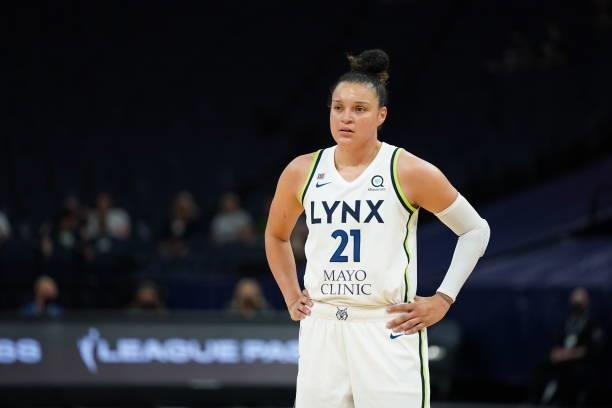 Kayla McBride of the Minnesota Lynx looks on during the game against the Chicago Sky on June 15, 2021 at Target Center in Minneapolis, Minnesota....