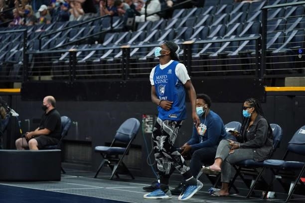 Anthony Edwards of the Minnesota Timberwolves cheers on during Chicago Sky vs. Minnesota Lynx game on June 15, 2021 at Target Center in Minneapolis,...