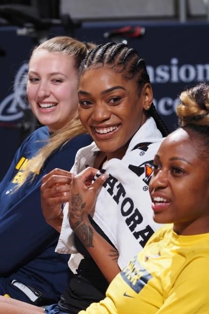 Victoria Vivians of the Indiana Fever smiles before the game against the Seattle Storm on June 15, 2021 at Bankers Life Fieldhouse in Indianapolis,...