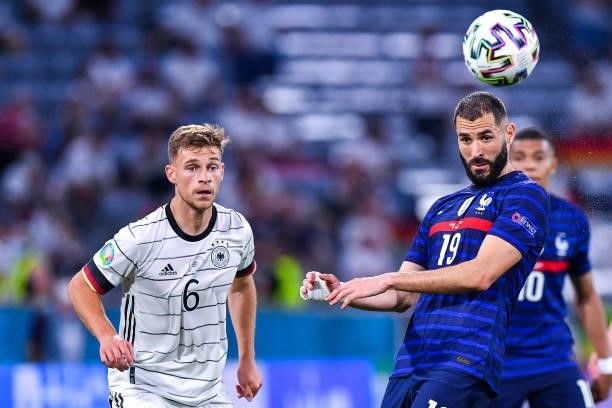 Joshua KIMMICH of Germany and Karim BENZEMA of France prior to the UEFA European Championship football match between France and Allemagne at Allianz...