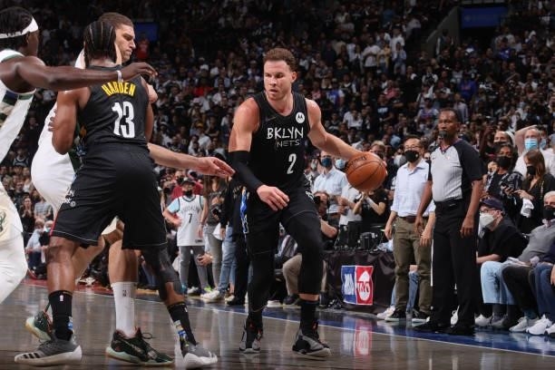 Blake Griffin of the Brooklyn Nets drives to the basket against the Milwaukee Bucks during Round 2, Game 5 of the 2021 NBA Playoffs on June 15, 2021...