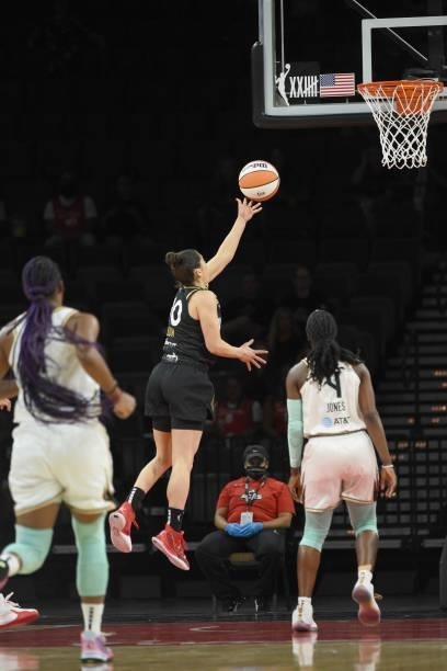 Kelsey Plum of the Las Vegas Aces shoots the ball against the New York Liberty on June 15, 2021 at Michelob ULTRA Arena in Las Vegas, Nevada. NOTE TO...