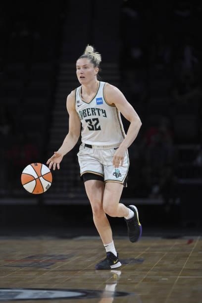 Sami Whitcomb of the New York Liberty dribbles the ball during the game against the Las Vegas Aces on June 15, 2021 at Michelob ULTRA Arena in Las...