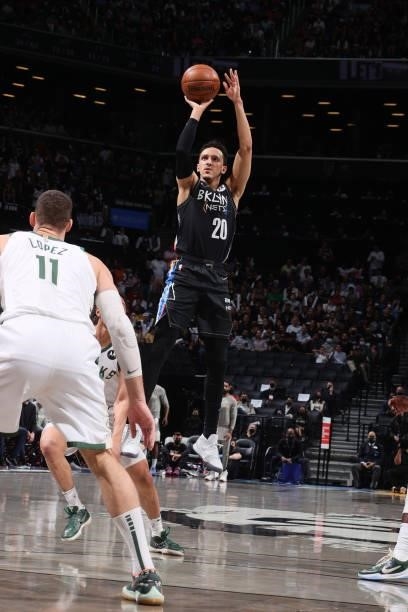 Landry Shamet of the Brooklyn Nets shoots a three point basket against the Milwaukee Bucks during Round 2, Game 5 of the 2021 NBA Playoffs on June...