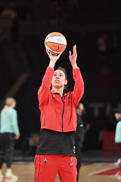 Dearica Hamby of the Las Vegas Aces shoots the ball before the game against the New York Liberty on June 15, 2021 at Michelob ULTRA Arena in Las...
