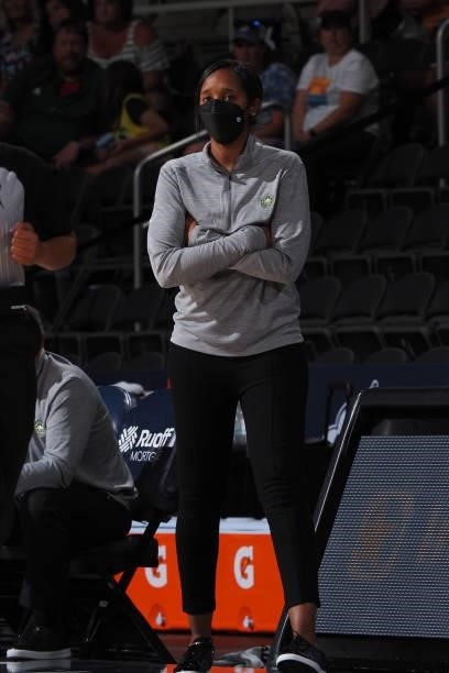 Head Coach, Noelle Quinn of the Seattle Storm looks on during the game against the Indiana Fever on June 15, 2021 at Bankers Life Fieldhouse in...