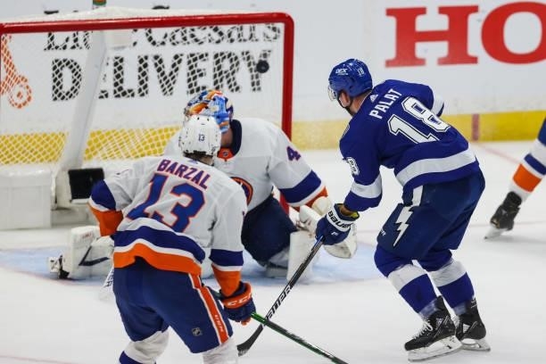 Ondrej Palat of the Tampa Bay Lightning shoots the puck for a goal against the New York Islanders during the second period in Game Two of the Stanley...