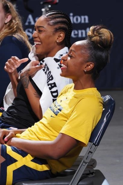 Victoria Vivians and Tiffany Mitchell of the Indiana Fever smile before the game against the Seattle Storm on June 15, 2021 at Bankers Life...