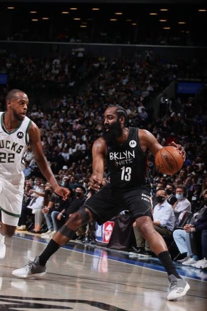 James Harden of the Brooklyn Nets handles the ball against the Milwaukee Bucks during Round 2, Game 5 of the 2021 NBA Playoffs on June 15, 2021 at...