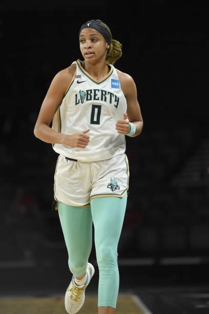 Leaonna Odom of the New York Liberty runs down the court during the game against the Las Vegas Aces on June 15, 2021 at Michelob ULTRA Arena in Las...