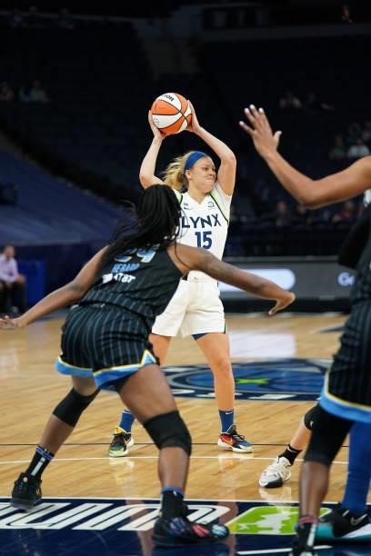 Rachel Banham of the Minnesota Lynx looks to pass against the Chicago Sky on June 15, 2021 at Target Center in Minneapolis, Minnesota. NOTE TO USER:...