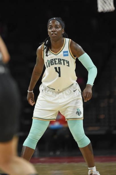 Jazmine Jones of the New York Liberty looks on during the game against the Las Vegas Aces on June 15, 2021 at Michelob ULTRA Arena in Las Vegas,...