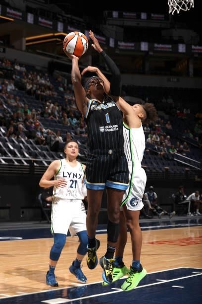 Diamond DeShields of the Chicago Sky shoots the ball during the game against the Minnesota Lynx on June 15, 2021 at Target Center in Minneapolis,...