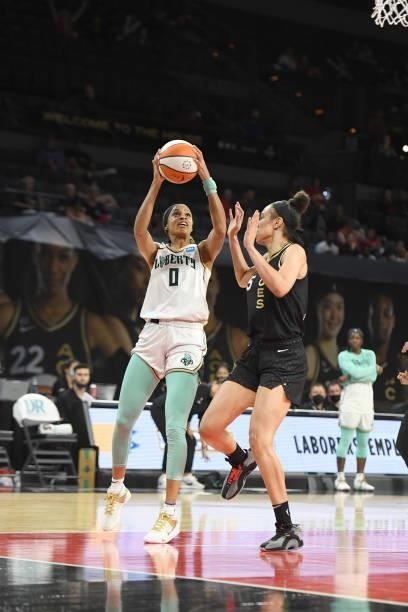 Leaonna Odom of the New York Liberty looks to shoot the ball against the Las Vegas Aces on June 15, 2021 at Michelob ULTRA Arena in Las Vegas,...