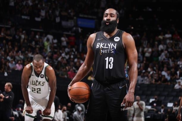 James Harden of the Brooklyn Nets shoots a free throw against the Milwaukee Bucks during Round 2, Game 5 of the 2021 NBA Playoffs on June 15, 2021 at...
