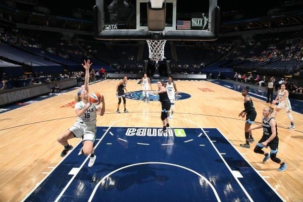 Rachel Banham of the Minnesota Lynx shoots the ball during the game against the Chicago Sky on June 15, 2021 at Target Center in Minneapolis,...