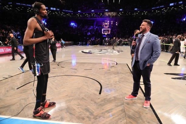 Kevin Durant of the Brooklyn Nets interviews after the game against the Milwaukee Bucks during Round 2, Game 5 of the 2021 NBA Playoffs on June 15,...