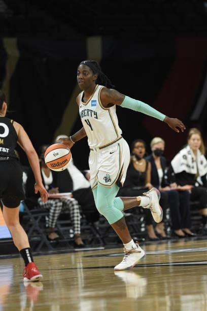 Jazmine Jones of the New York Liberty dribbles the ball against the Las Vegas Aces on June 15, 2021 at Michelob ULTRA Arena in Las Vegas, Nevada....