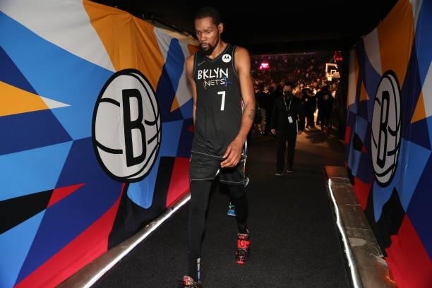 Kevin Durant of the Brooklyn Nets walks off the court after the game against the Milwaukee Bucks during Round 2, Game 5 of the 2021 NBA Playoffs on...