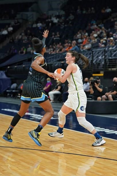 Bridget Carleton of the Minnesota Lynx looks to pass against the Chicago Sky on June 15, 2021 at Target Center in Minneapolis, Minnesota. NOTE TO...