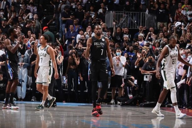 Kevin Durant of the Brooklyn Nets celebrates during Round 2, Game 5 of the 2021 NBA Playoffs on June 15, 2021 at Barclays Center in Brooklyn, New...