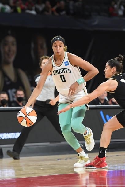 Leaonna Odom of the New York Liberty dribbles the ball against the Las Vegas Aces on June 15, 2021 at Michelob ULTRA Arena in Las Vegas, Nevada. NOTE...