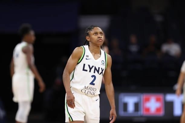 Crystal Dangerfield of the Minnesota Lynx looks on during the game against the Chicago Sky on June 15, 2021 at Target Center in Minneapolis,...