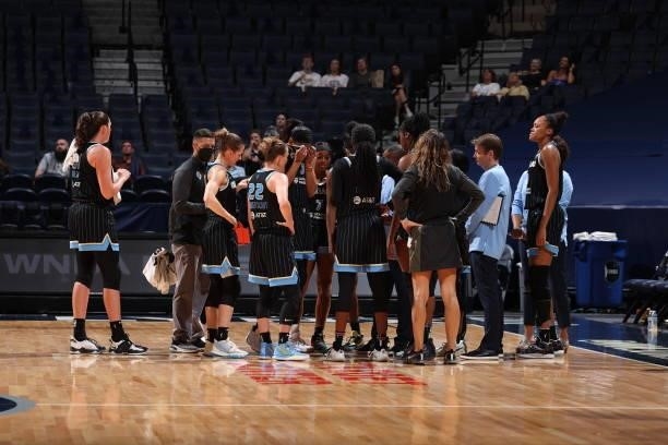 The Chicago Sky huddle up during the game against the Minnesota Lynx on June 15, 2021 at Target Center in Minneapolis, Minnesota. NOTE TO USER: User...
