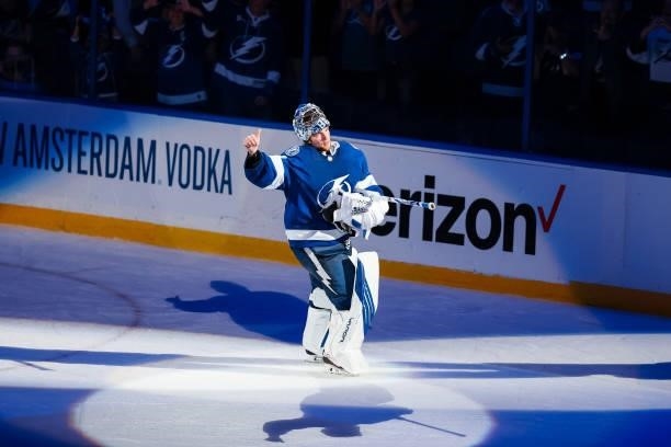 Goaile Andrei Vasilevskiy of the Tampa Bay Lightning celebrates the win against the New York Islanders in Game Two of the Stanley Cup Semifinals of...