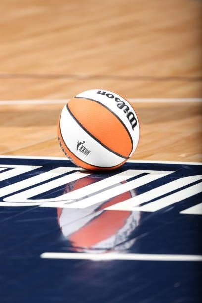 General view of the Wilson WNBA basketball used during the game between the Chicago Sky and the Minnesota Lynx on June 15, 2021 at Target Center in...