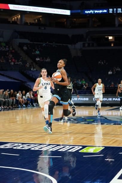 Azura Stevens of the Chicago Sky drives to the basket against the Minnesota Lynx on June 15, 2021 at Target Center in Minneapolis, Minnesota. NOTE TO...