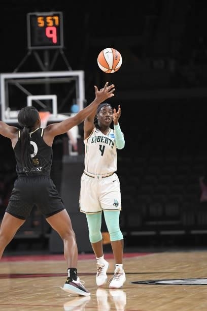 Jazmine Jones of the New York Liberty passes the ball during the game against the Las Vegas Aces on June 15, 2021 at Michelob ULTRA Arena in Las...