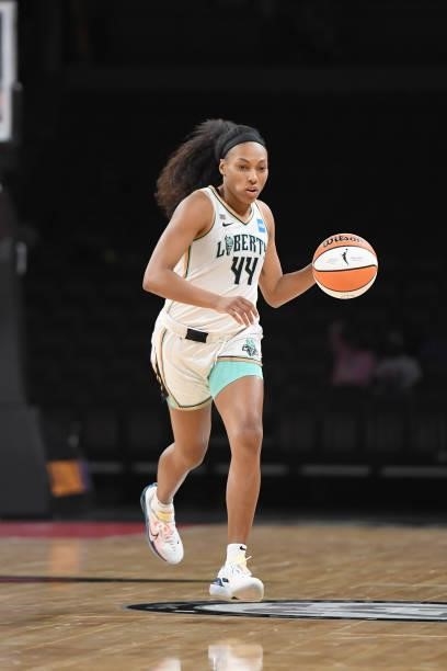 Betnijah Laney of the New York Liberty dribbles the ball against the Las Vegas Aces on June 15, 2021 at Michelob ULTRA Arena in Las Vegas, Nevada....
