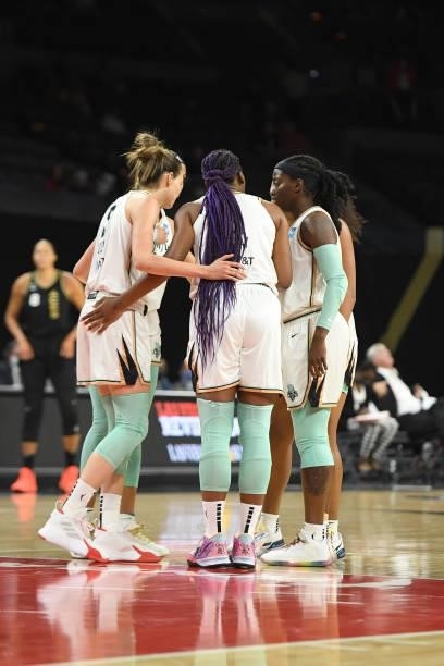 The New York Liberty huddle up during the game against the Las Vegas Aces on June 15, 2021 at Michelob ULTRA Arena in Las Vegas, Nevada. NOTE TO...