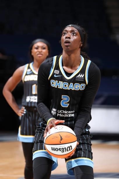Kahleah Copper of the Chicago Sky shoots a free throw during the game against the Minnesota Lynx on June 15, 2021 at Target Center in Minneapolis,...